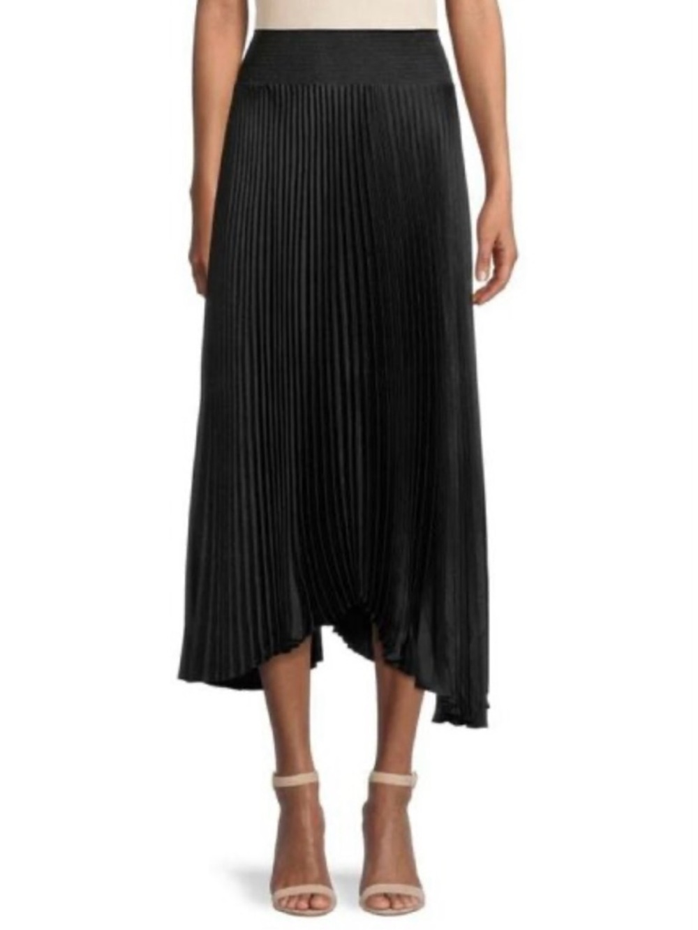 NWT Elie Tahari Pleated Silky Midi Skirt Asymmetrical Hem Black size Large